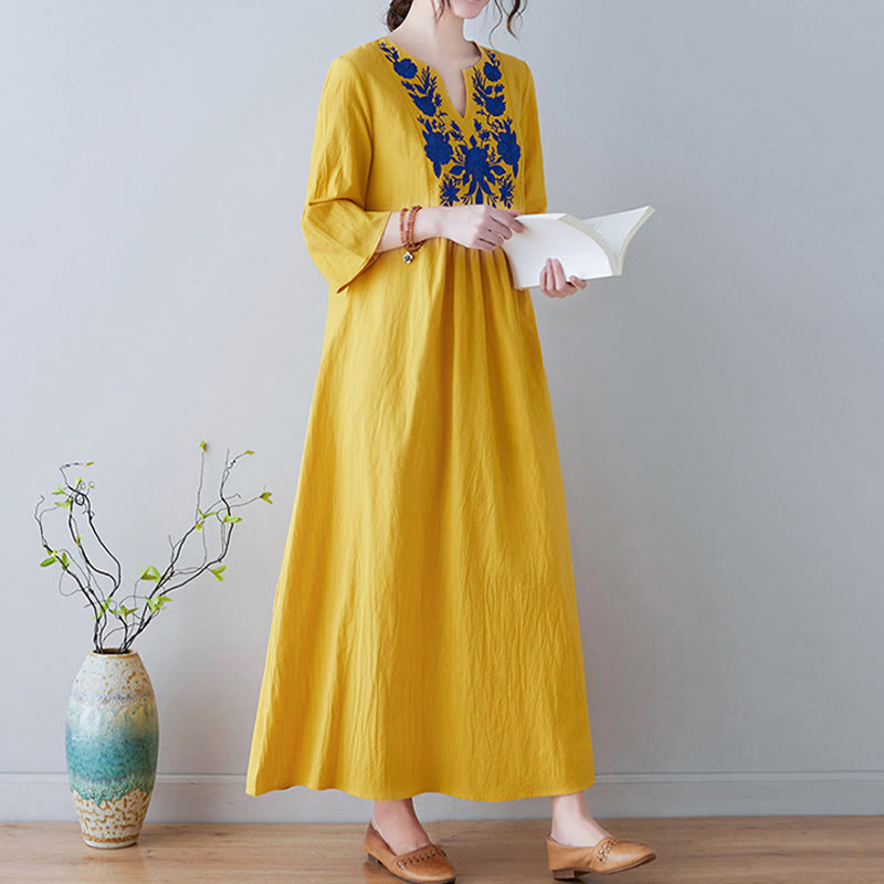 Vestido largo de lino y algodón con cuello en V, manga tres cuartos y diseño floral sencillo con bordado bohemio y Buddha Stones - image 2