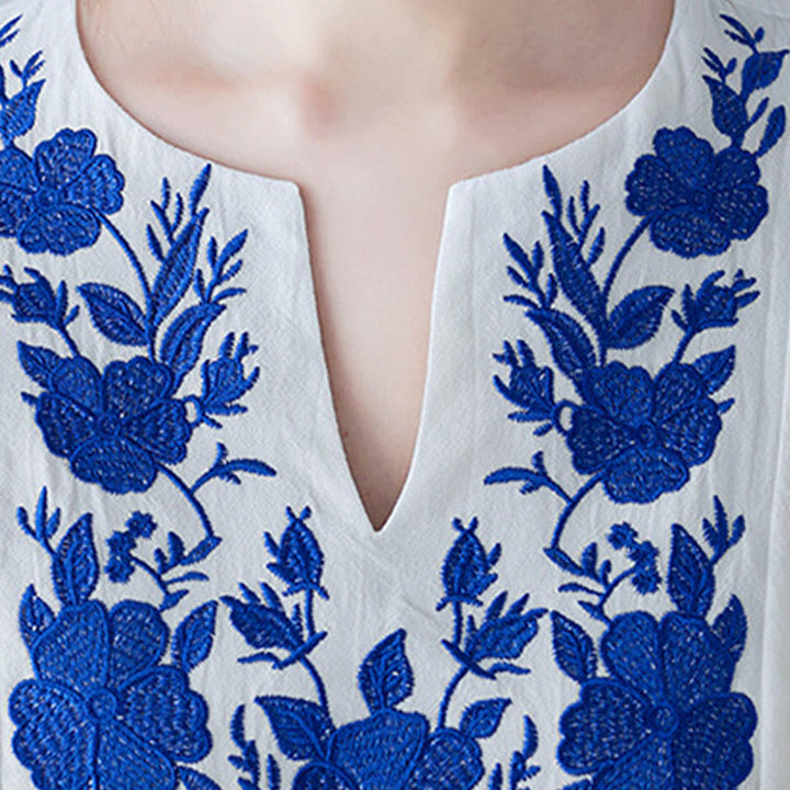 Vestido largo de lino y algodón con cuello en V, manga tres cuartos y diseño floral sencillo con bordado bohemio y Buddha Stones - image 8