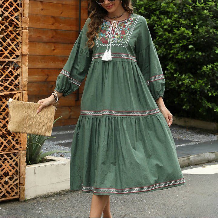 Vestido midi de lino y algodón con mangas largas estilo farol y bordado étnico retro verde oscuro con Buddha Stones - image 4
