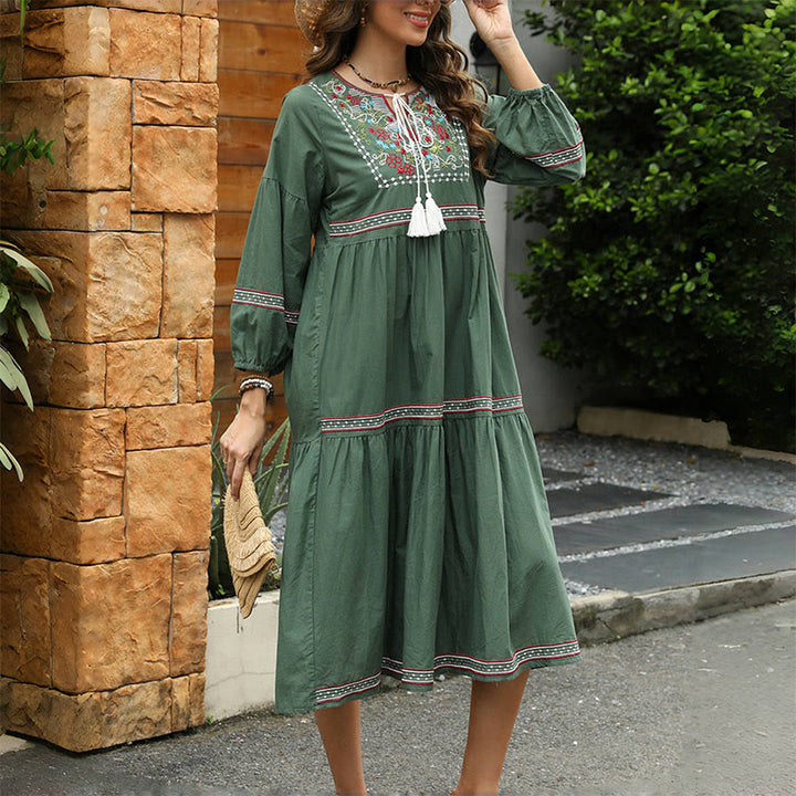 Vestido midi de lino y algodón con mangas largas estilo farol y bordado étnico retro verde oscuro con Buddha Stones - image 1