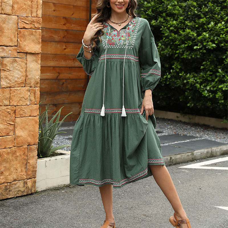 Vestido midi de lino y algodón con mangas largas estilo farol y bordado étnico retro verde oscuro con Buddha Stones - Verde oscuro - US12, UK/AU16, EU44 (3XL) - image 0