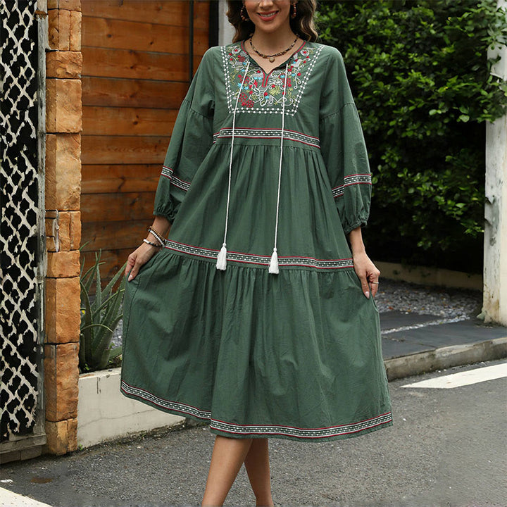 Vestido midi de lino y algodón con mangas largas estilo farol y bordado étnico retro verde oscuro con Buddha Stones - image 3