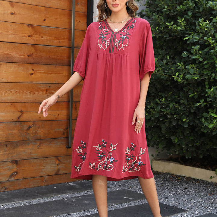 Vestido midi de algodón con mangas largas y bordado étnico retro en rojo indio con Buddha Stones - Rojo indio - US12, UK/AU16, EU44 (3XL) - image 0
