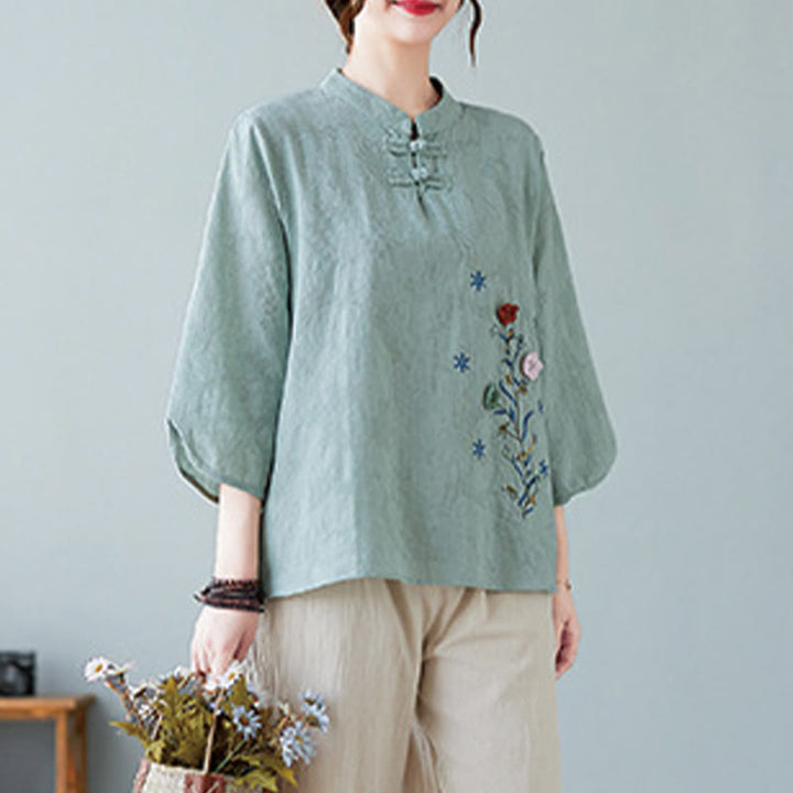 Camisa de lino y algodón para mujer con bordado de flores estereoscópicas vintage de verano con Buddha Stones y manga tres cuartos y botones de rana - image 19