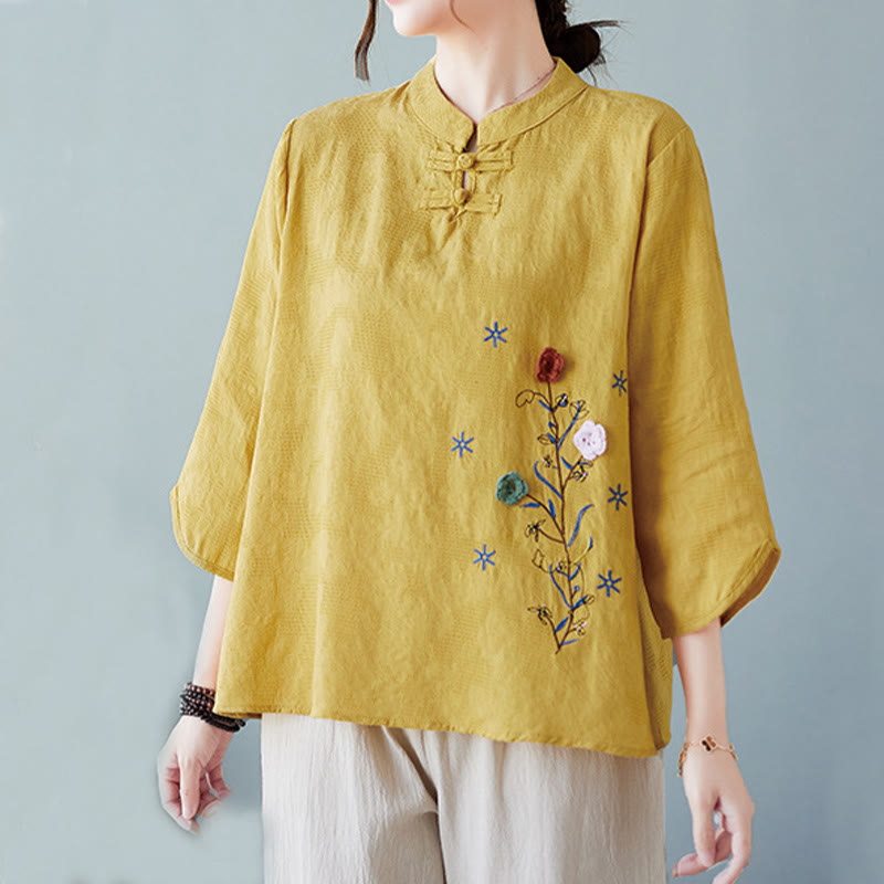 Camisa de lino y algodón para mujer con bordado de flores estereoscópicas vintage de verano con Buddha Stones y manga tres cuartos y botones de rana - image 1