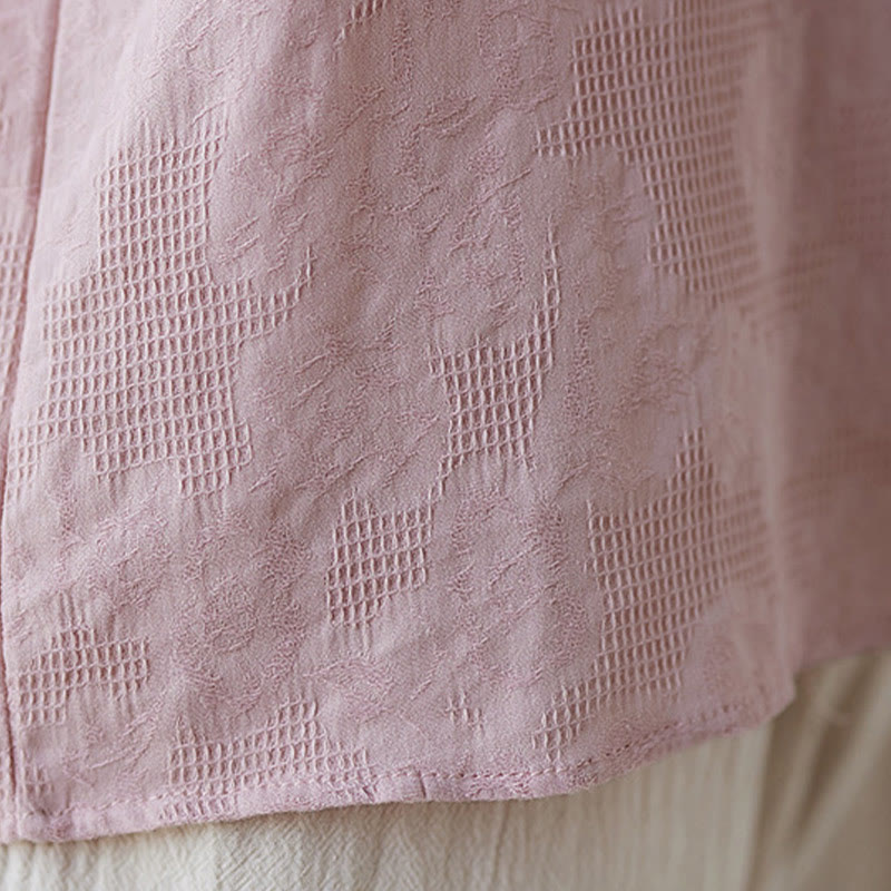 Camisa de lino y algodón para mujer con bordado de flores estereoscópicas vintage de verano con Buddha Stones y manga tres cuartos y botones de rana - image 14