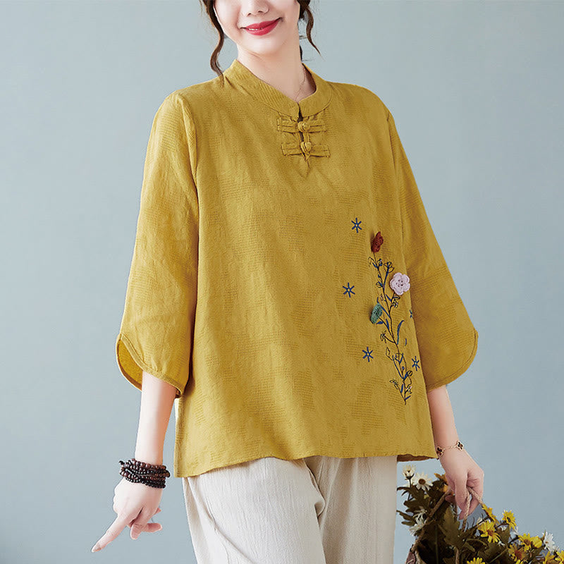 Camisa de lino y algodón para mujer con bordado de flores estereoscópicas vintage de verano con Buddha Stones y manga tres cuartos y botones de rana - Vara de oro - US12, UK/AU16, EU44 (3XL) - image 0
