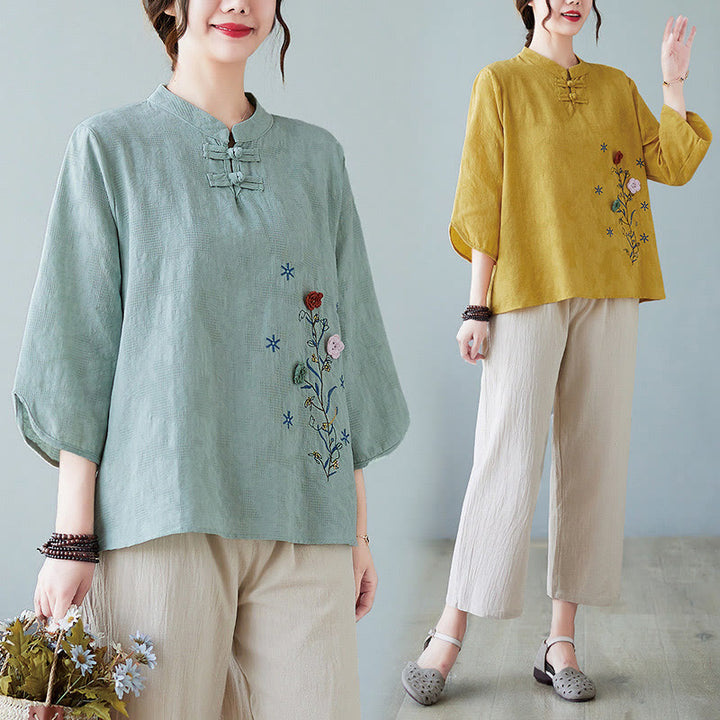 Camisa de lino y algodón para mujer con bordado de flores estereoscópicas vintage de verano con Buddha Stones y manga tres cuartos y botones de rana - image 4