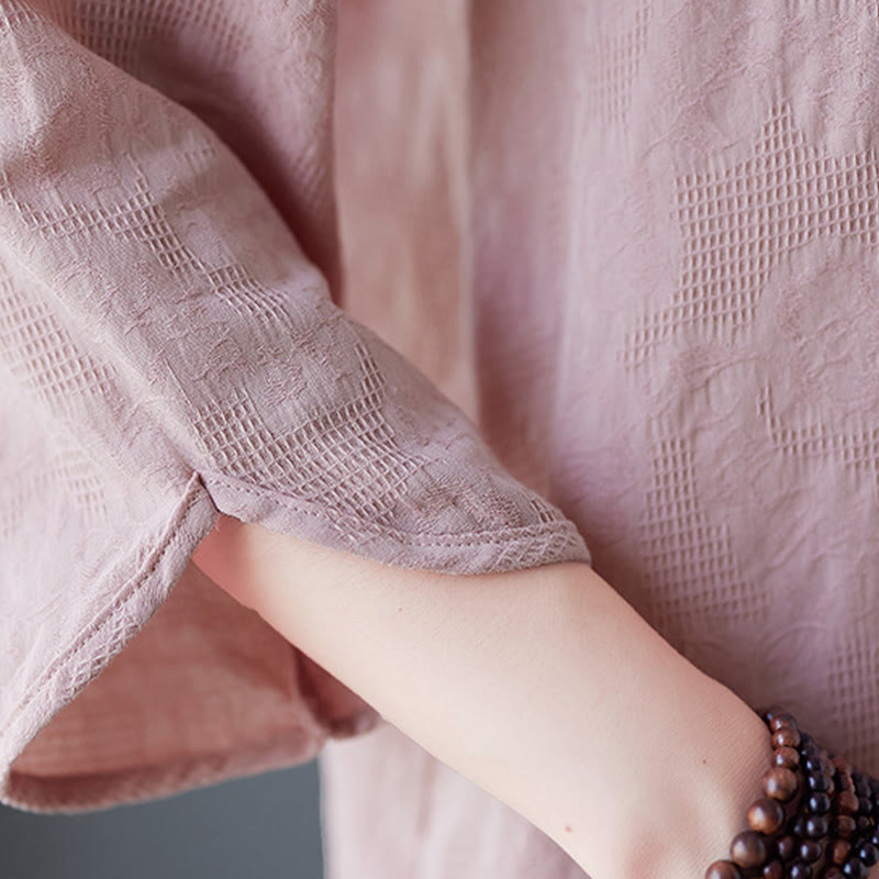 Camisa de lino y algodón para mujer con bordado de flores estereoscópicas vintage de verano con Buddha Stones y manga tres cuartos y botones de rana - image 12