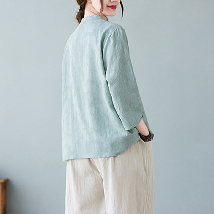 Camisa de lino y algodón para mujer con bordado de flores estereoscópicas vintage de verano con Buddha Stones y manga tres cuartos y botones de rana - image 21