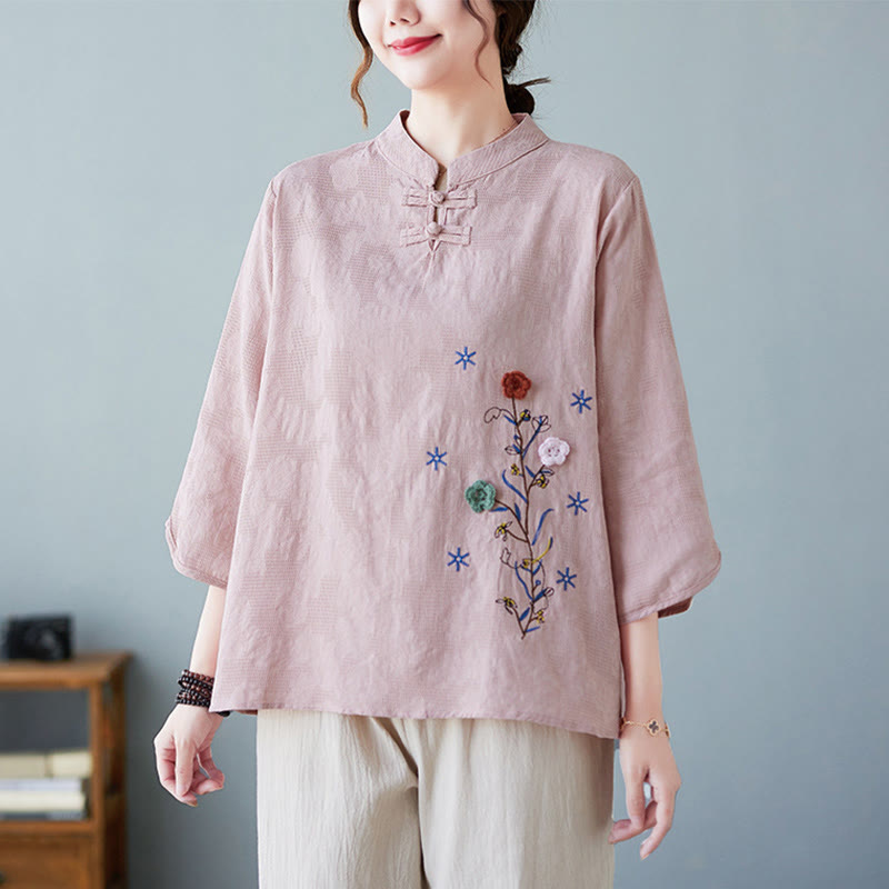 Camisa de lino y algodón para mujer con bordado de flores estereoscópicas vintage de verano con Buddha Stones y manga tres cuartos y botones de rana - image 6