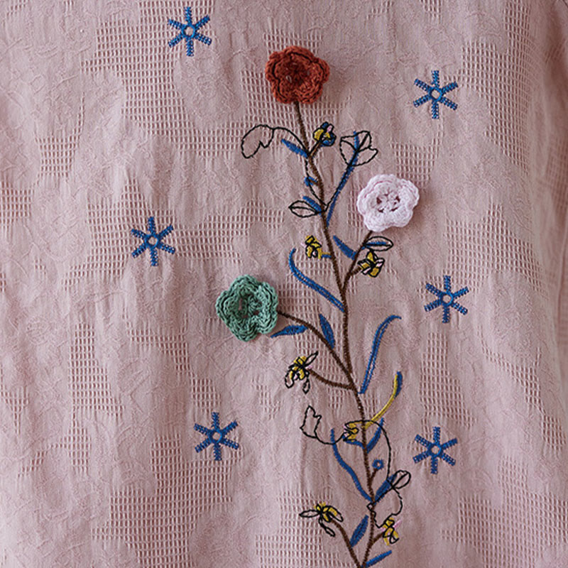Camisa de lino y algodón para mujer con bordado de flores estereoscópicas vintage de verano con Buddha Stones y manga tres cuartos y botones de rana - image 13