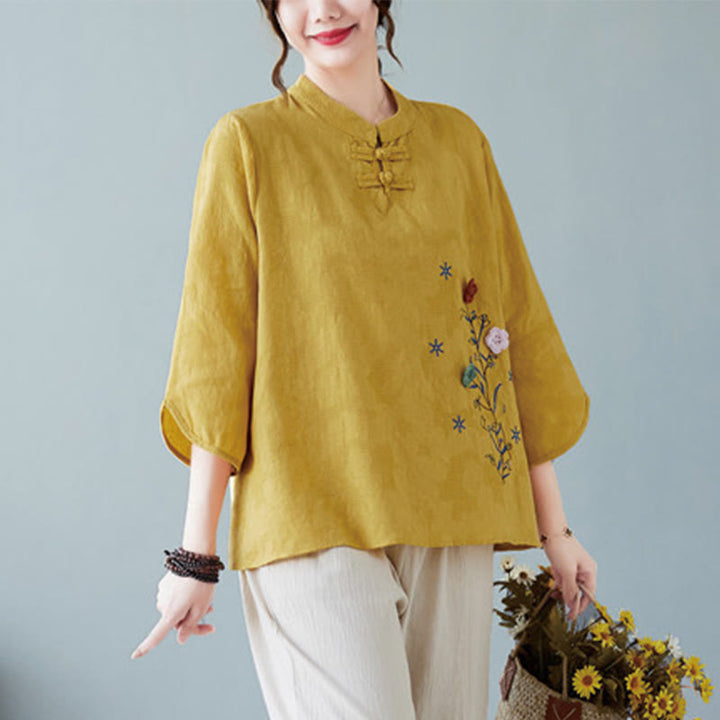 Camisa de lino y algodón para mujer con bordado de flores estereoscópicas vintage de verano con Buddha Stones y manga tres cuartos y botones de rana - image 3