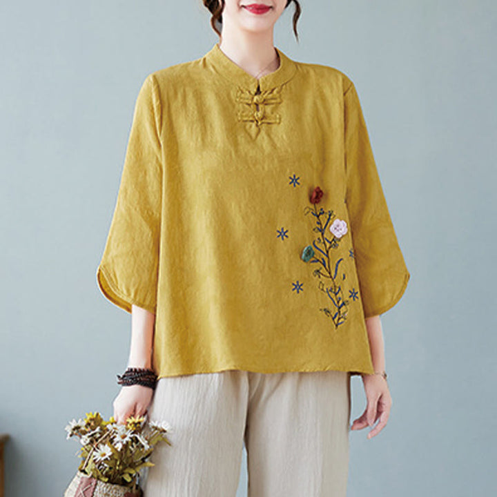 Camisa de lino y algodón para mujer con bordado de flores estereoscópicas vintage de verano con Buddha Stones y manga tres cuartos y botones de rana - image 2