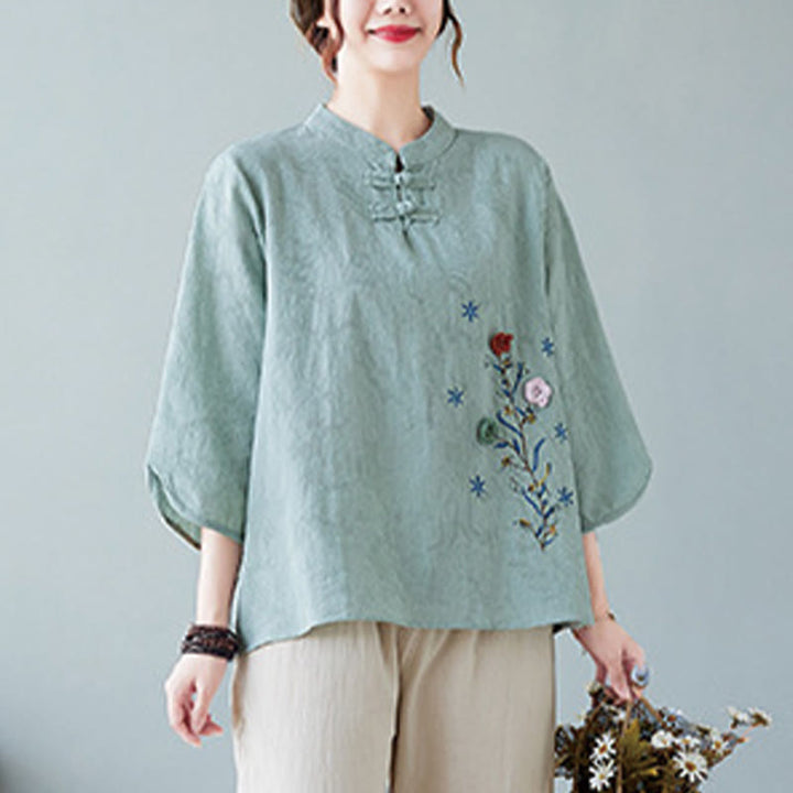 Camisa de lino y algodón para mujer con bordado de flores estereoscópicas vintage de verano con Buddha Stones y manga tres cuartos y botones de rana - image 18
