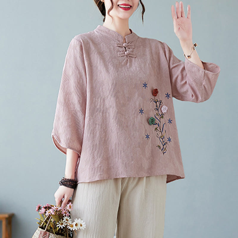 Camisa de lino y algodón para mujer con bordado de flores estereoscópicas vintage de verano con Buddha Stones y manga tres cuartos y botones de rana - image 8