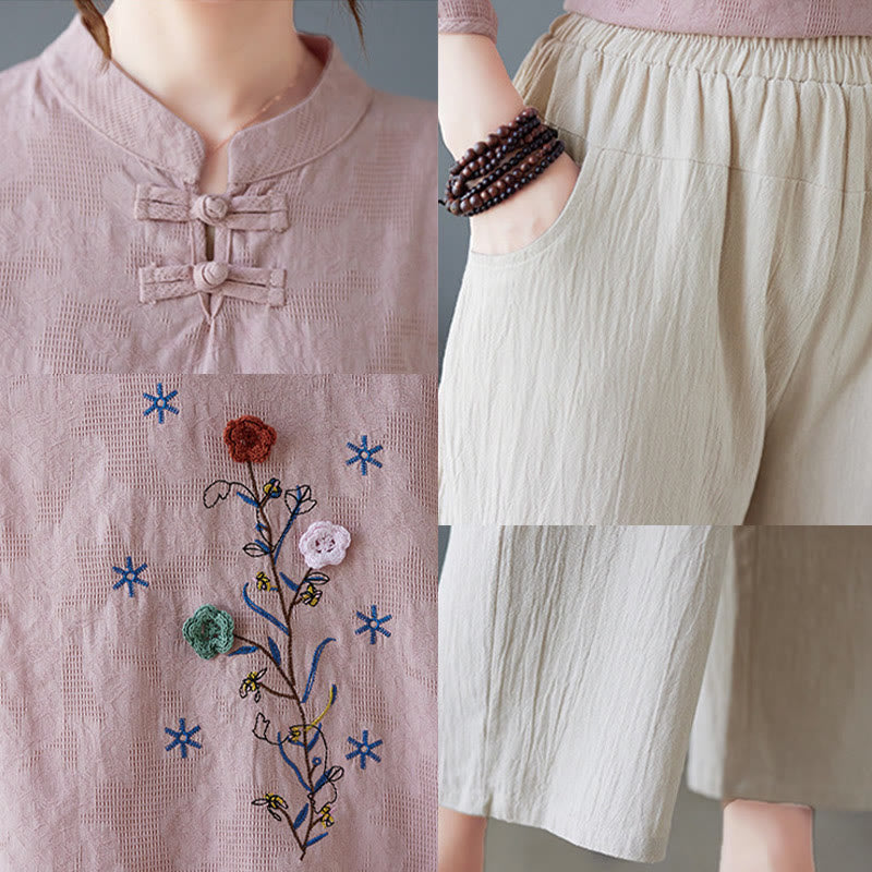 Camisa de lino y algodón para mujer con bordado de flores estereoscópicas vintage de verano con Buddha Stones y manga tres cuartos y botones de rana - image 15
