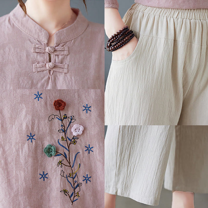 Camisa de lino y algodón para mujer con bordado de flores estereoscópicas vintage de verano con Buddha Stones y manga tres cuartos y botones de rana - image 15