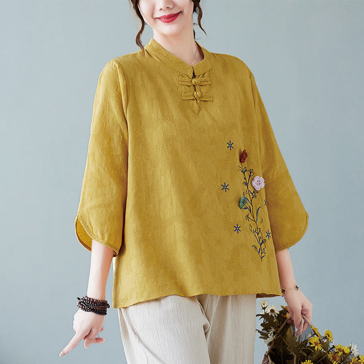 Camisa de lino y algodón para mujer con bordado de flores estereoscópicas vintage de verano con Buddha Stones y manga tres cuartos y botones de rana - vara de oro - US12, UK/AU16, EU44 (3XL) - image 0