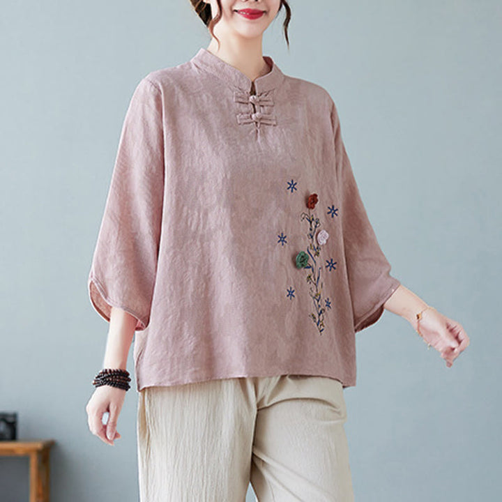 Camisa de lino y algodón para mujer con bordado de flores estereoscópicas vintage de verano con Buddha Stones y manga tres cuartos y botones de rana - image 7