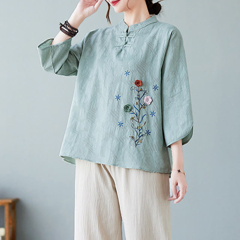 Camisa de lino y algodón para mujer con bordado de flores estereoscópicas vintage de verano con Buddha Stones y manga tres cuartos y botones de rana - image 22