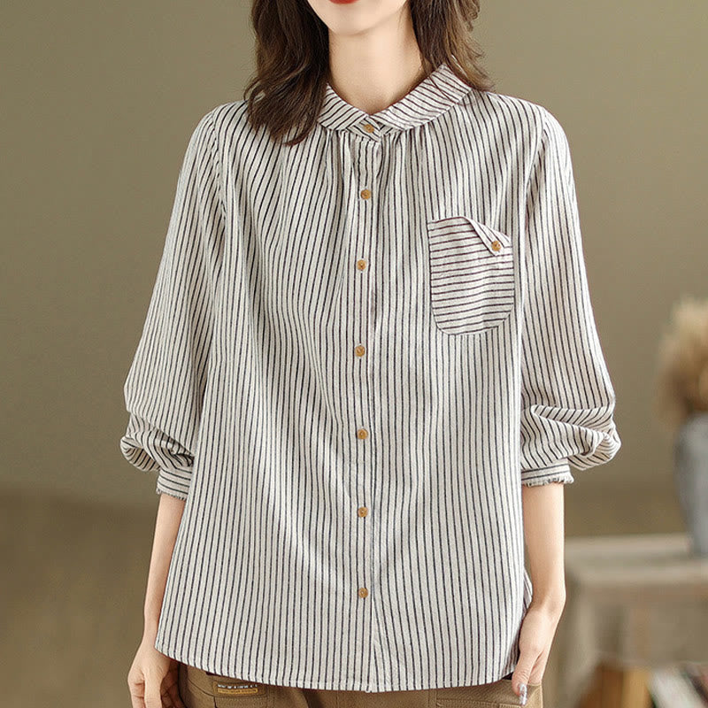 Camisa de lino y algodón para mujer con solapa y botones de manga larga a rayas con diseño casual de empalme de primavera Buddha Stones y bolsillo - image 10