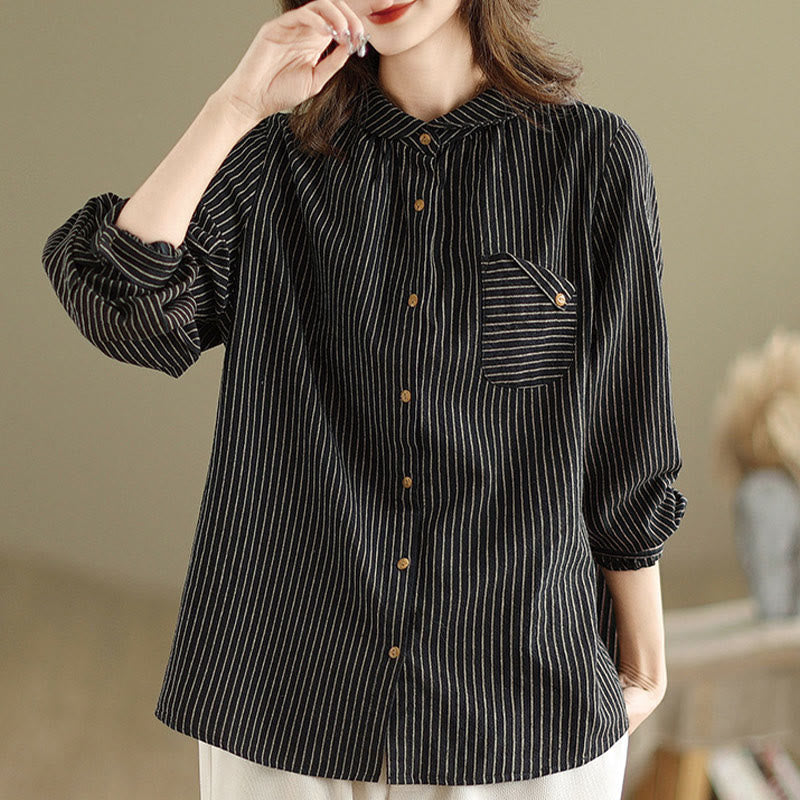 Camisa de lino y algodón para mujer con solapa y botones de manga larga a rayas con diseño casual de empalme de primavera Buddha Stones y bolsillo - image 1