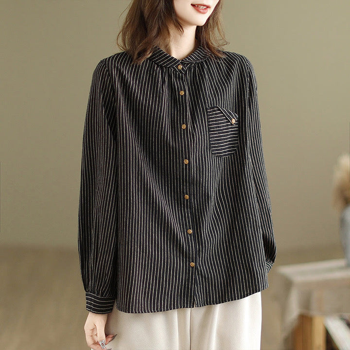 Camisa de lino y algodón para mujer con solapa y botones de manga larga a rayas con diseño casual de empalme de primavera Buddha Stones y bolsillo - image 3
