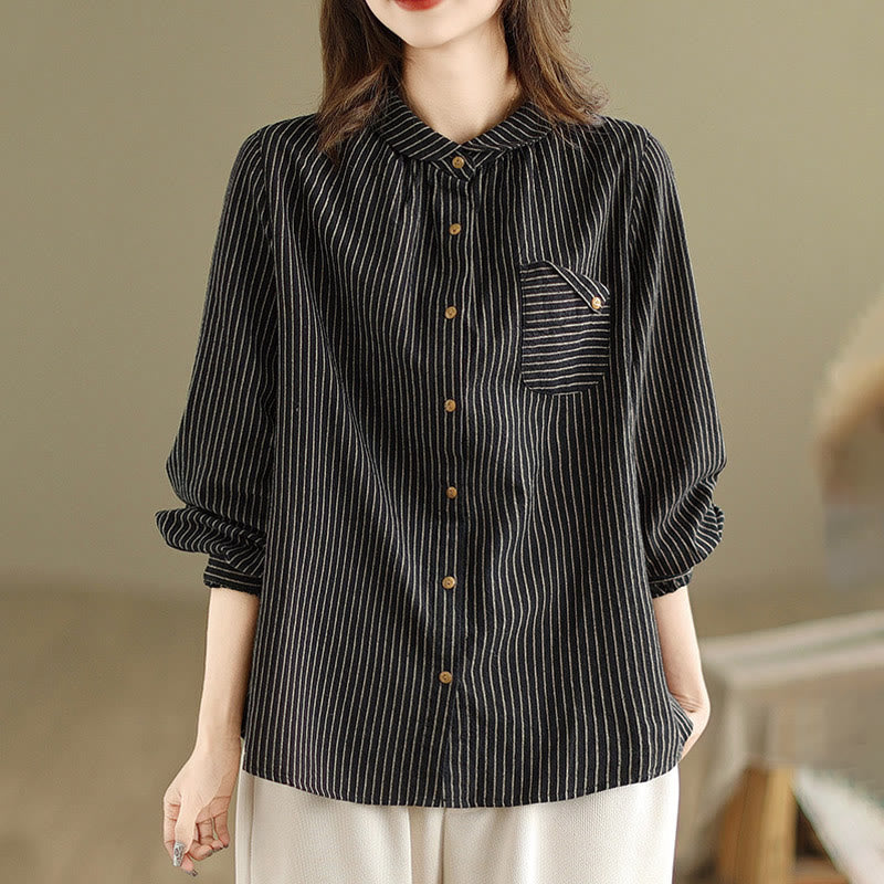 Camisa de lino y algodón para mujer con solapa y botones de manga larga a rayas con diseño casual de empalme de primavera Buddha Stones y bolsillo - Negro - US8-10，UK/AU12-14，EU40-42 (2XL) - image 0