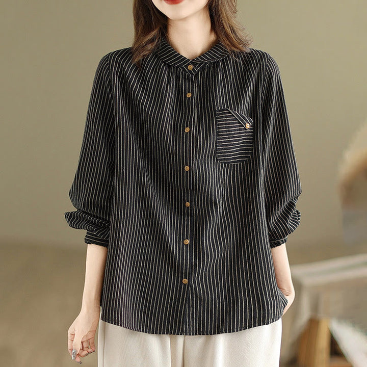 Camisa de lino y algodón para mujer con solapa y botones de manga larga a rayas con diseño casual de empalme de primavera Buddha Stones y bolsillo - Negro - US8-10，UK/AU12-14，EU40-42 (2XL) - image 0