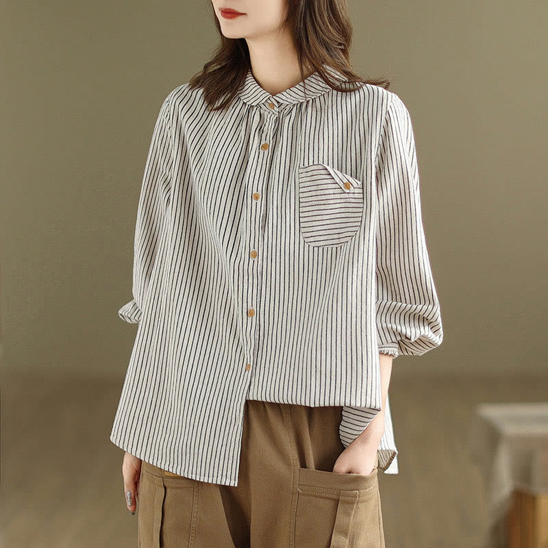 Camisa de lino y algodón para mujer con solapa y botones de manga larga a rayas con diseño casual de empalme de primavera Buddha Stones y bolsillo - image 11