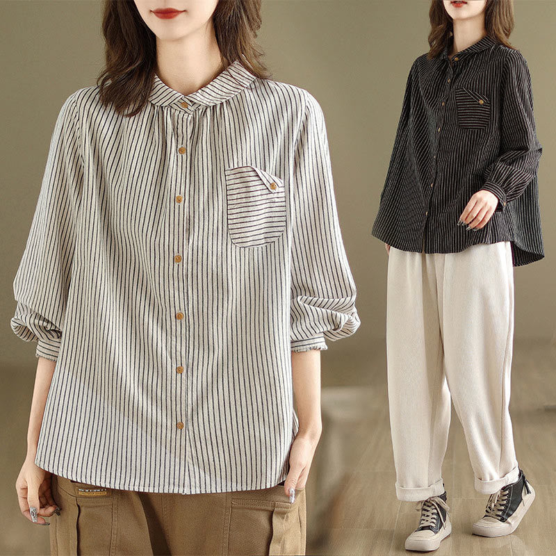Camisa de lino y algodón para mujer con solapa y botones de manga larga a rayas con diseño casual de empalme de primavera Buddha Stones y bolsillo - image 16