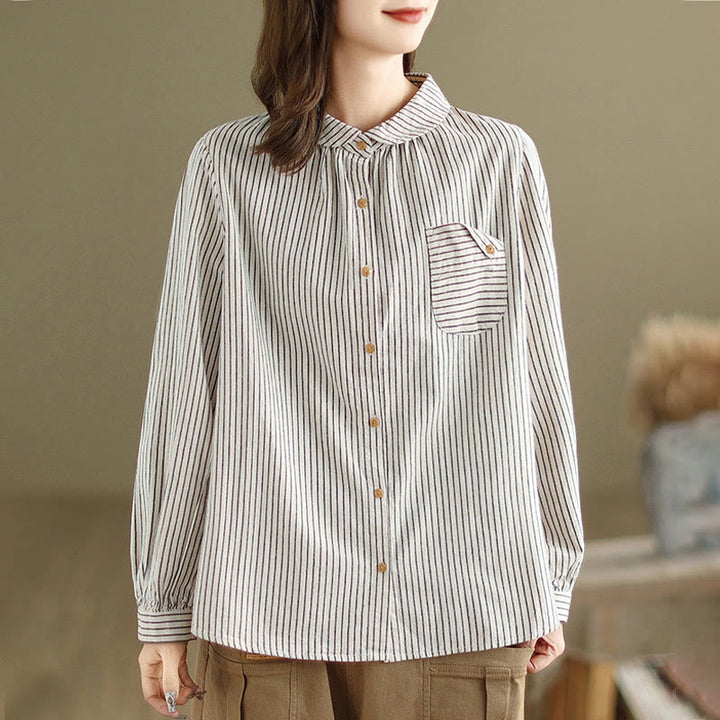 Camisa de lino y algodón para mujer con solapa y botones de manga larga a rayas con diseño casual de empalme de primavera Buddha Stones y bolsillo - image 8
