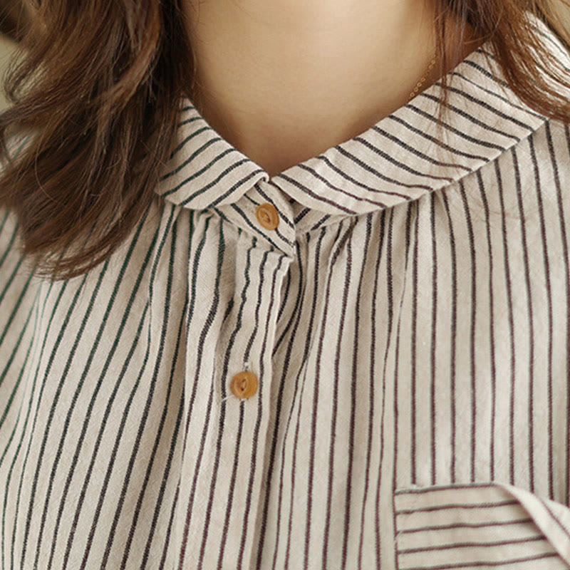 Camisa de lino y algodón para mujer con solapa y botones de manga larga a rayas con diseño casual de empalme de primavera Buddha Stones y bolsillo - image 12