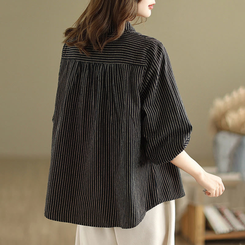 Camisa de lino y algodón para mujer con solapa y botones de manga larga a rayas con diseño casual de empalme de primavera Buddha Stones y bolsillo - image 2