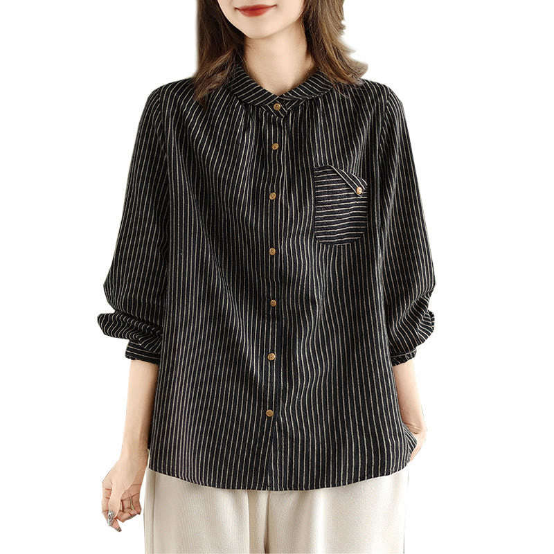 Camisa de lino y algodón para mujer con solapa y botones de manga larga a rayas con diseño casual de empalme de primavera Buddha Stones y bolsillo - image 5