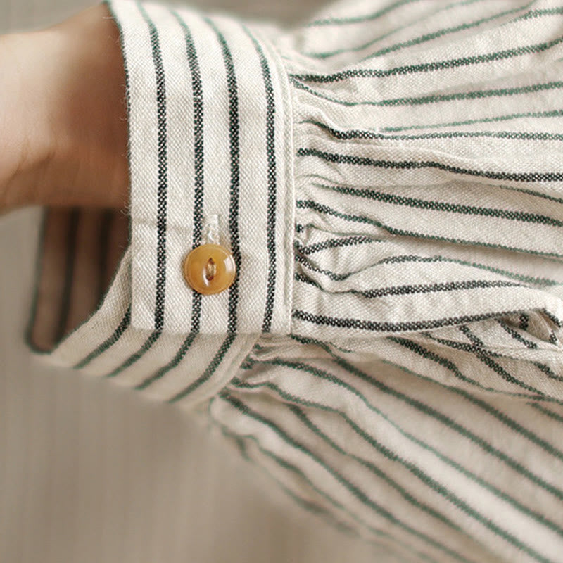 Camisa de lino y algodón para mujer con solapa y botones de manga larga a rayas con diseño casual de empalme de primavera Buddha Stones y bolsillo - image 13