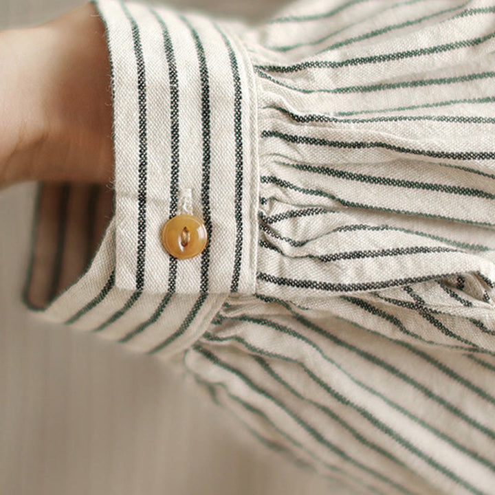 Camisa de lino y algodón para mujer con solapa y botones de manga larga a rayas con diseño casual de empalme de primavera Buddha Stones y bolsillo - image 13