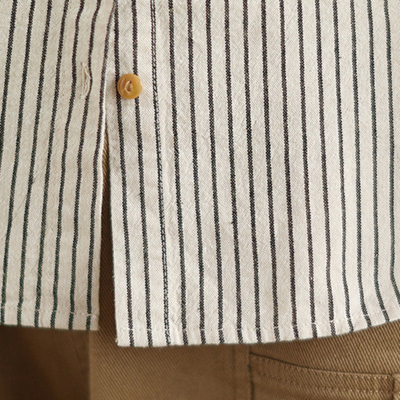 Camisa de lino y algodón para mujer con solapa y botones de manga larga a rayas con diseño casual de empalme de primavera Buddha Stones y bolsillo - image 15
