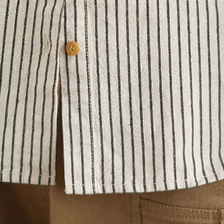 Camisa de lino y algodón para mujer con solapa y botones de manga larga a rayas con diseño casual de empalme de primavera Buddha Stones y bolsillo - image 15