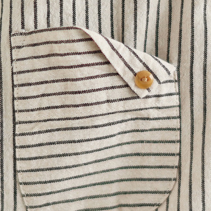 Camisa de lino y algodón para mujer con solapa y botones de manga larga a rayas con diseño casual de empalme de primavera Buddha Stones y bolsillo - image 14