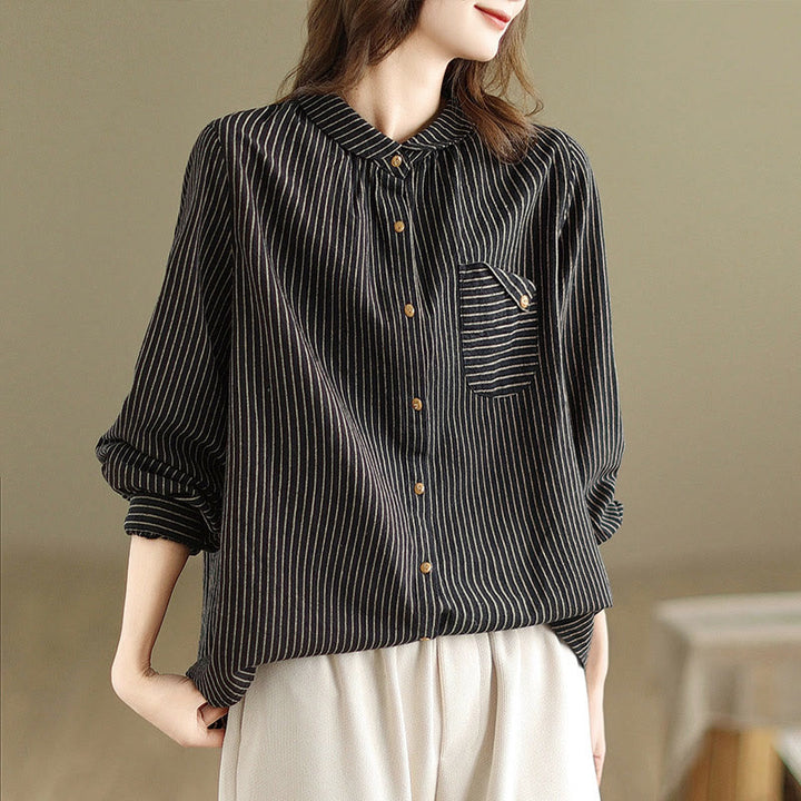Camisa de lino y algodón para mujer con solapa y botones de manga larga a rayas con diseño casual de empalme de primavera Buddha Stones y bolsillo - image 4