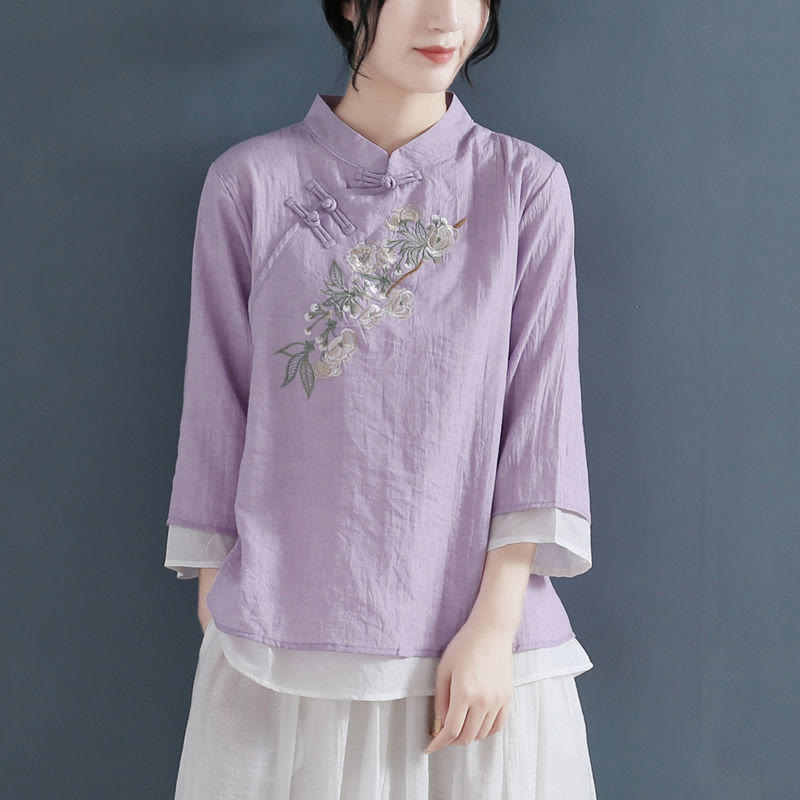 Camisa de lino y algodón para mujer, con cuello mandarín, manga tres cuartos y botones de rana, con bordado de flores y Buddha Stones - Violeta - US12, UK/AU16, EU44 (3XL) - image 7