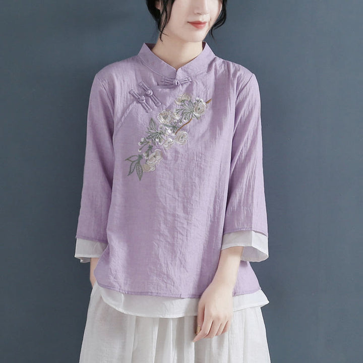 Camisa de lino y algodón para mujer, con cuello mandarín, manga tres cuartos y botones de rana, con bordado de flores y Buddha Stones - Violeta - US12, UK/AU16, EU44 (3XL) - image 7
