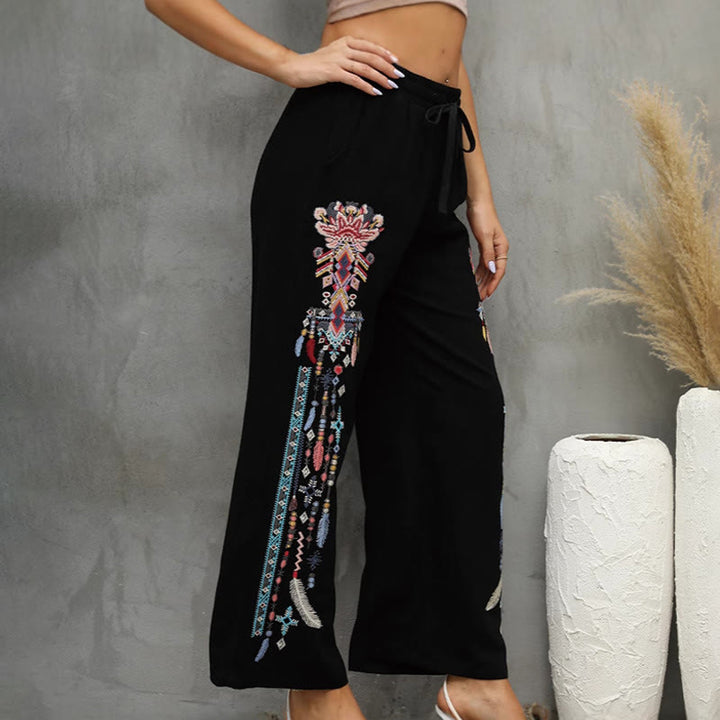 Buddha Stones Pantalones negros informales de lino y algodón con bordado étnico y cordón para mujer con bolsillos - image 3