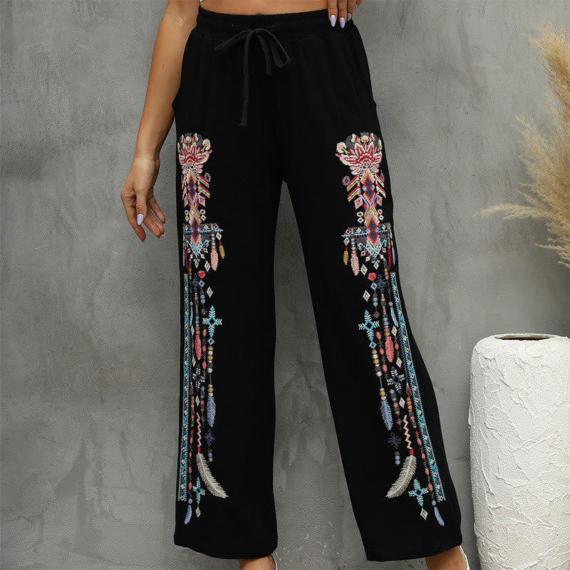 Buddha Stones Pantalones negros informales de lino y algodón con bordado étnico y cordón para mujer con bolsillos - image 4