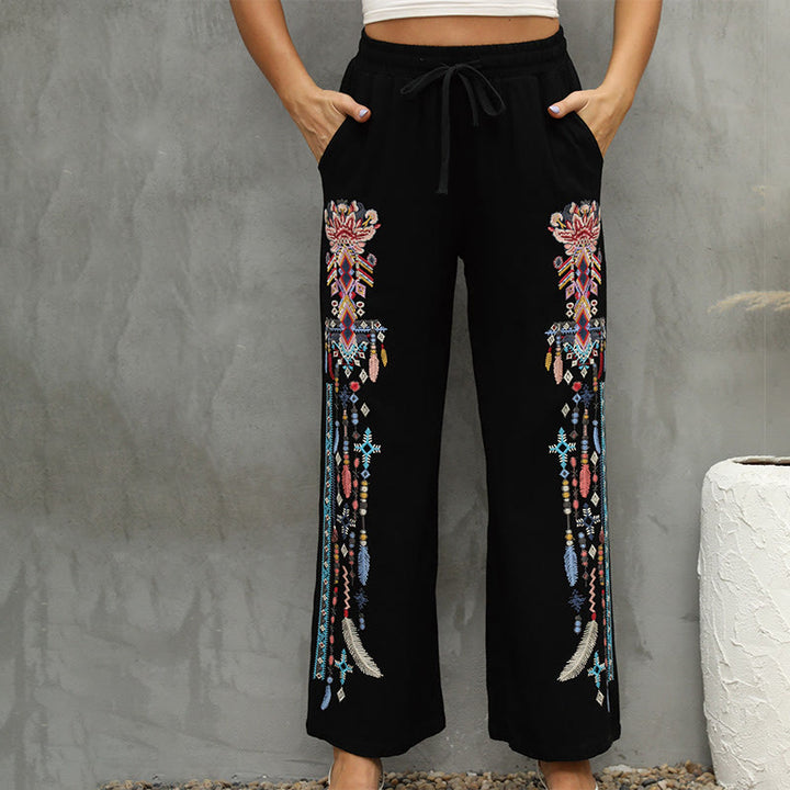 Buddha Stones Pantalones negros informales de lino y algodón con bordado étnico y cordón para mujer con bolsillos - Negro - US16，UK/AU20，EU48 (3XL) - image 0