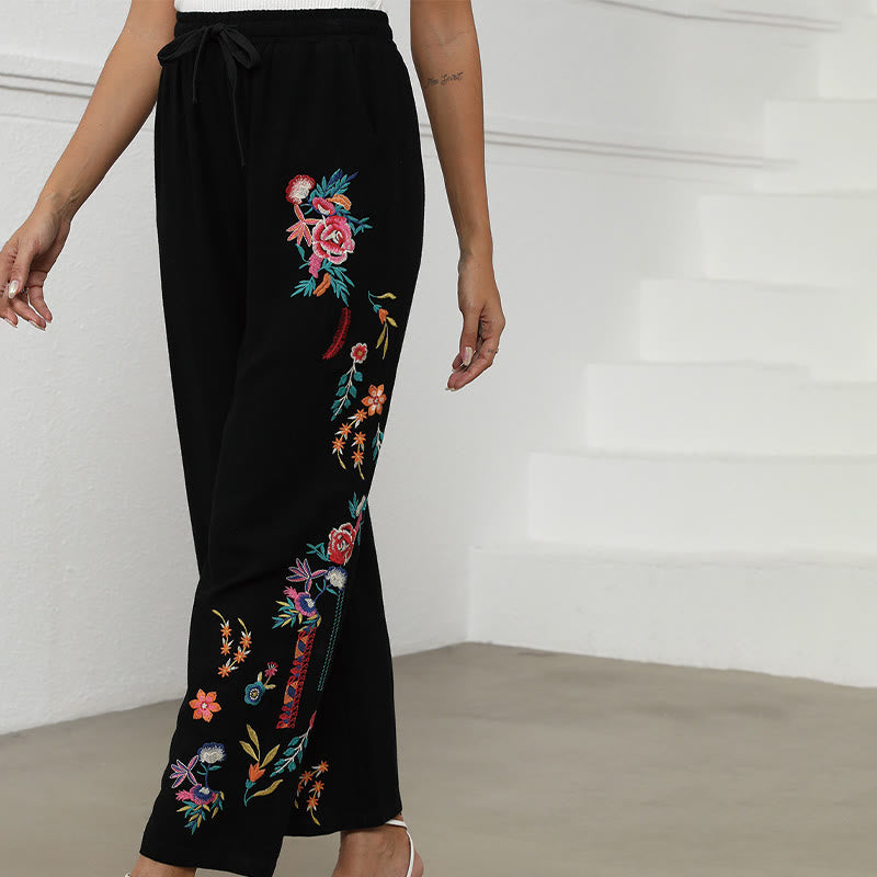 Buddha Stones Pantalones de lino y algodón con bordado étnico, lisos y negros de verano para mujer, con cordón y bolsillos - image 4
