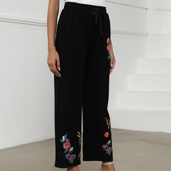 Buddha Stones Pantalones de lino y algodón con bordado étnico, lisos y negros de verano para mujer, con cordón y bolsillos - image 2