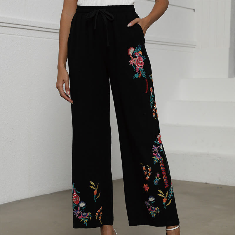 Buddha Stones Pantalones de lino y algodón con bordado étnico, lisos y negros de verano para mujer, con cordón y bolsillos - Negro - US16，UK/AU20，EU48 (3XL) - image 0